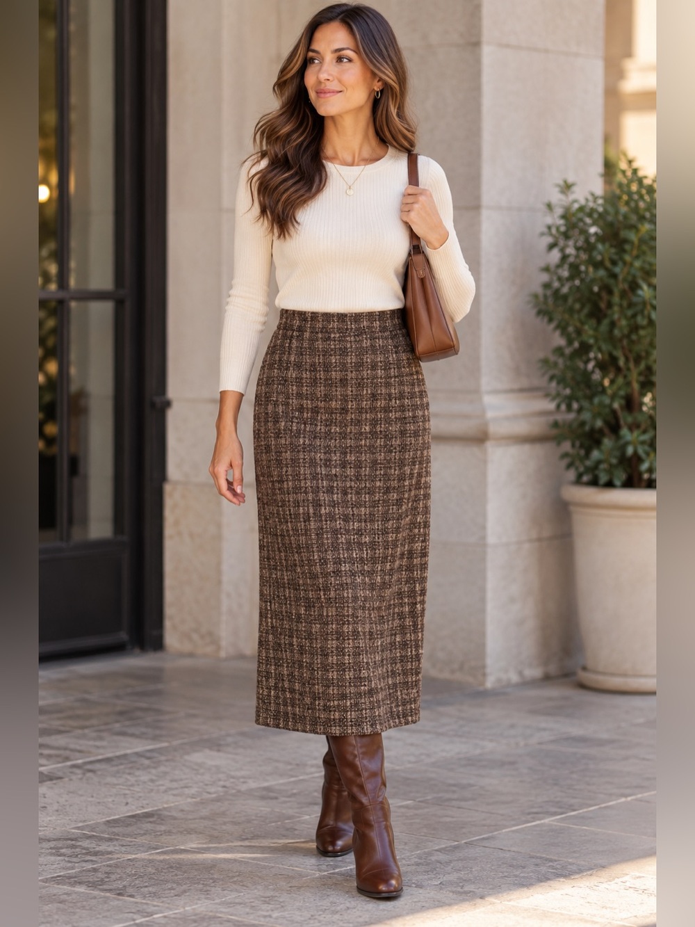 Vintage Crazy Horse Liz Claiborne Brown Fall Preppy Knit Midi Skirt Minimalist M